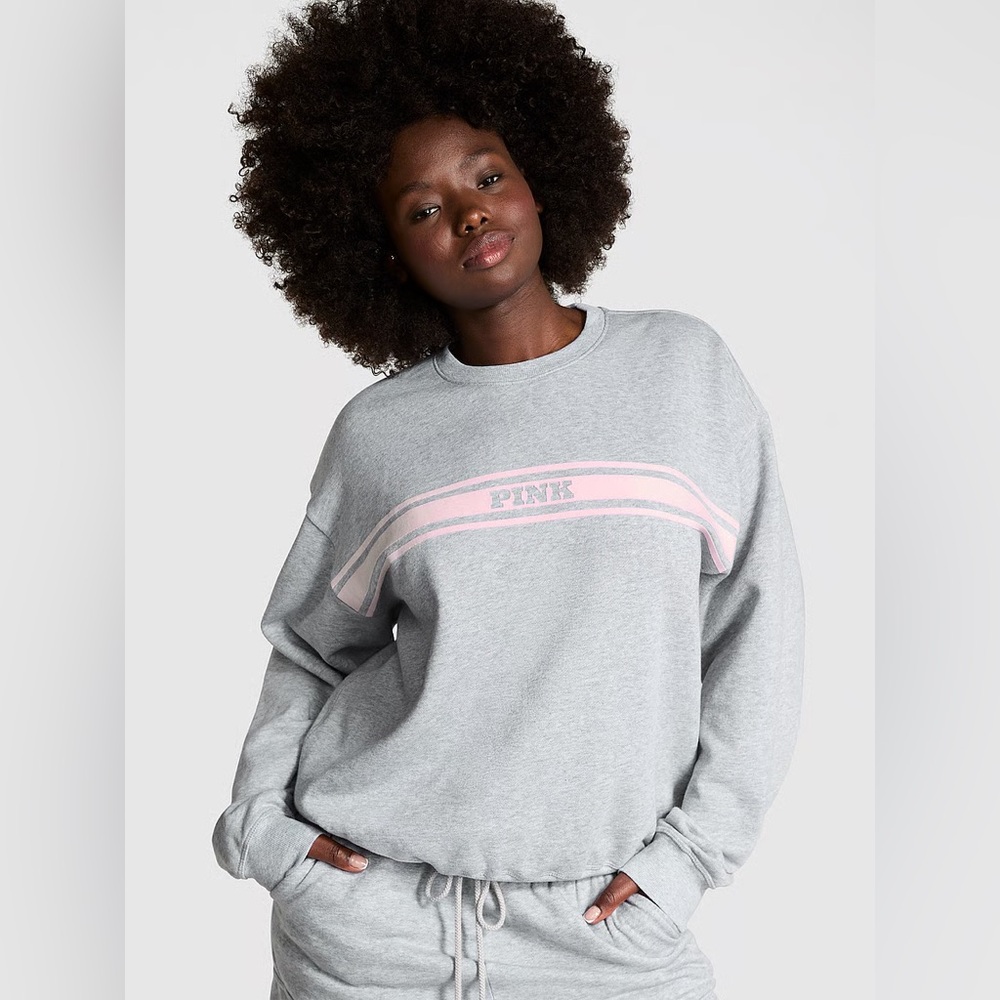 Victoria's Secret PINK Ivy Fleece Classic Crew Sweatshirt Grey Pink Size XL